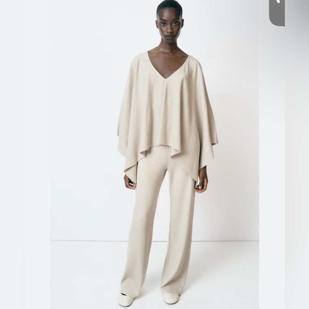 Zara Ribbed Knit Asymmetric Cape & High Waist Pants Set Seamless Hem Size Small